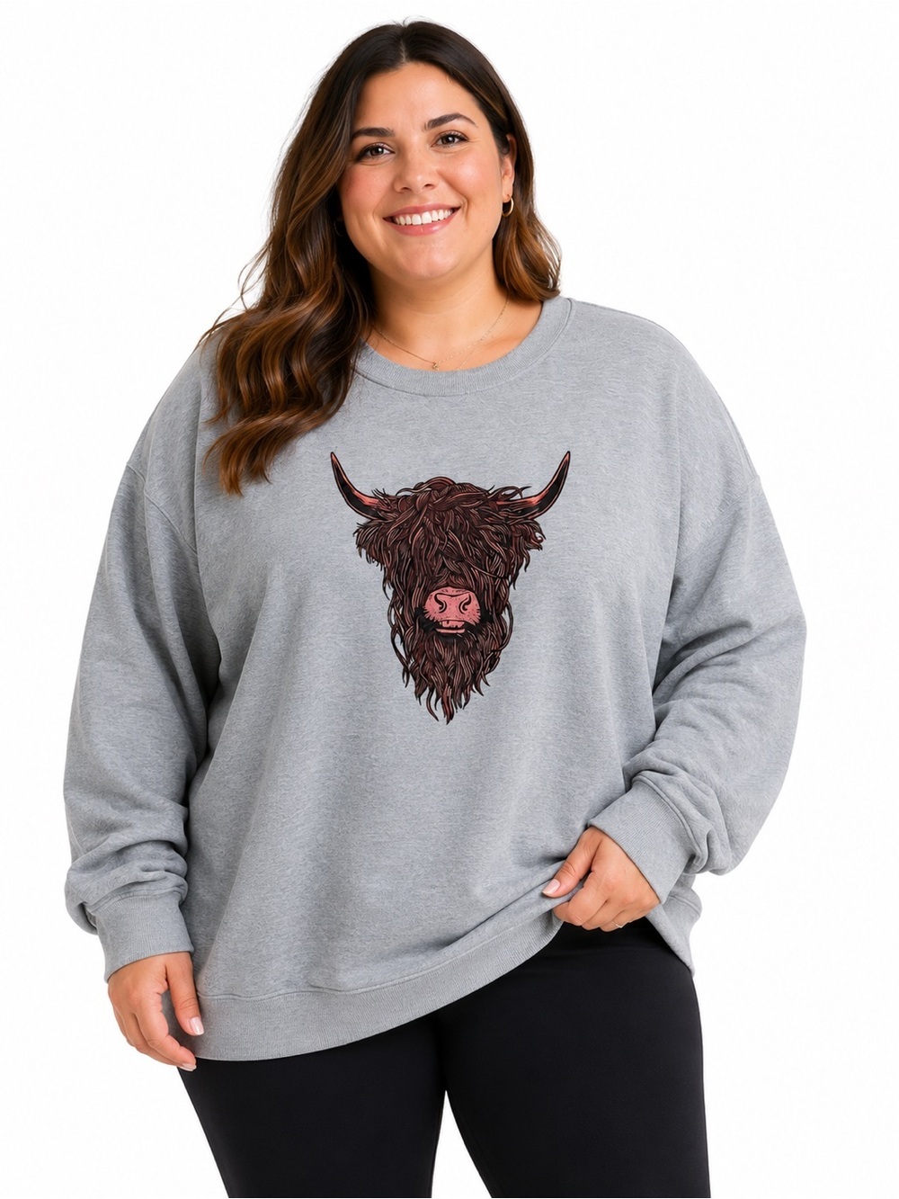 Cozy Gray Graphic Highland Cow Sweatshirt - Women